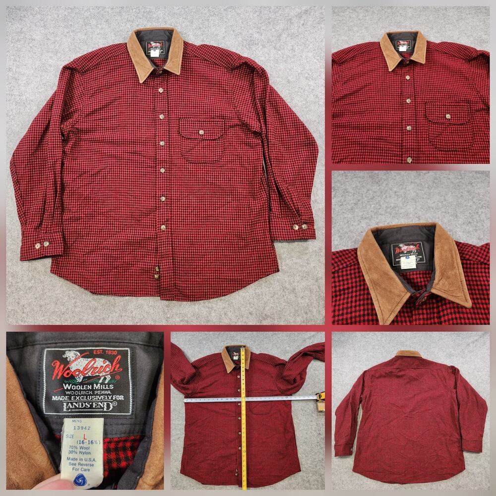 VTG Woolrich X‎ Lands End Shirt Mens Large Wool Flannel Buffalo Red Black Plaid